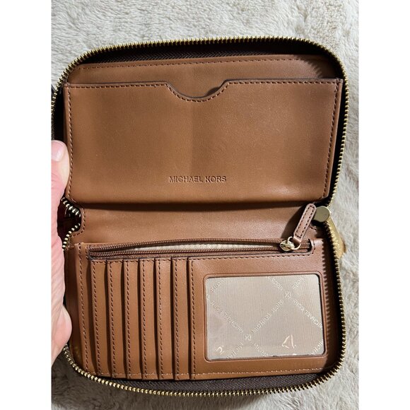 Michael Kors Jet Set Logo Brown & Gold Zip-Around Wristlet Wallet For Women - Picture 6 of 11